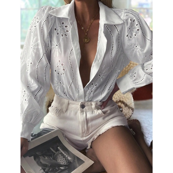 White Boho Eyelet Shirt, French Style Collar Button Front, Eyelet Embroidery - Picture 5 of 14